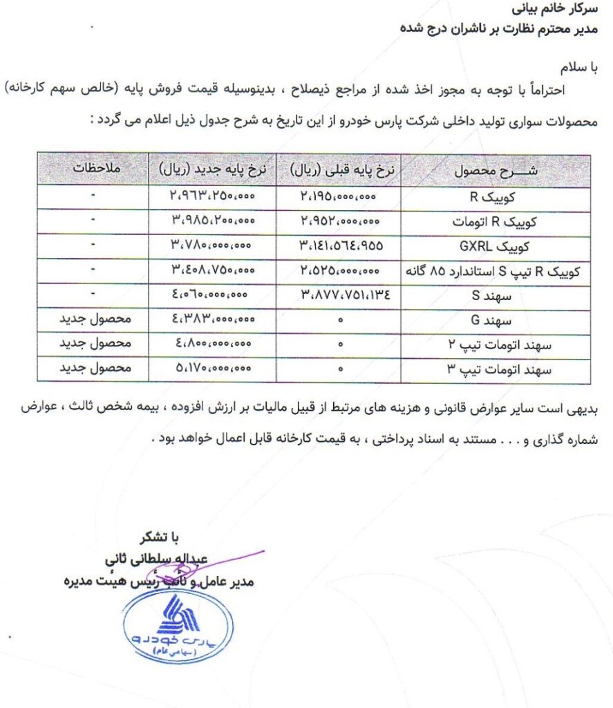 اعلام قیمت جدید محصولات پارس خودرو اتوکالا Autokala