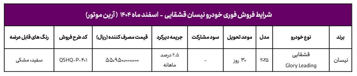 شرایط فروش نیسان قشقایی مدل 2025 توسط شرکت آرین موتور jpg,شرایط فروش نیسان قشقایی مدل 2025 توسط شرکت آرین موتور,اتوکالا Autokala